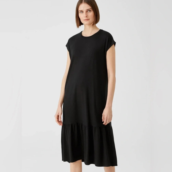 EILEEN FISHER Sz L 99% Tencell Ruffle Hem Drop Shoulder Midi Length Shift Dress - Picture 1 of 7